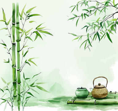 Bamboo Tea Set with Green Tea Pot and Tea Cup on Bambo Sticks
