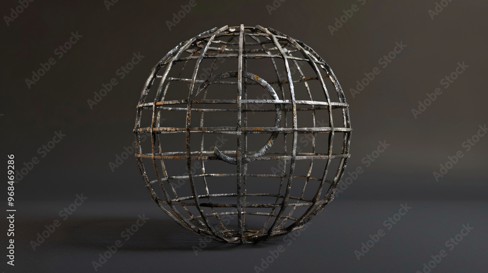 Poster a 3d illustration of a metal globe structure, symbolizing global connection and unity, presented wit