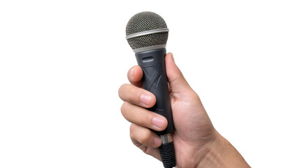 Hand holding a microphone on transparent background
