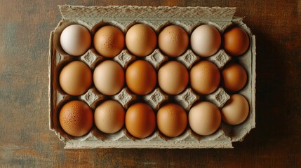 A Dozen Brown Eggs in a Cardboard Carton