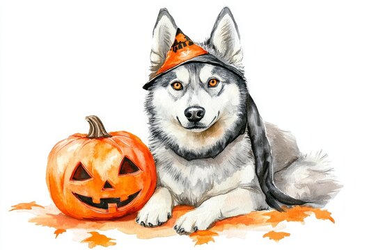 A watercolor illustration of a Siberian Husky wearing a cute Halloween costume with a pumpkin. The dog looks playful and festive, symbolizing the joy of Halloween, the spirit of companionship, the bea