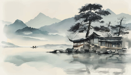 Obraz premium Chinese-style pavilion by the water, with misty mountains in the background