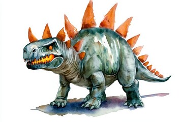 Fototapeta premium A watercolor illustration of a Stegosaurus with orange and green colors, representing the colors of Halloween. The dinosaur's sharp teeth and imposing posture symbolize strength and power. The intrica