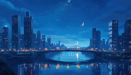 Fototapeta premium Cityscape at Night: Illuminated Skyline with Moon and Bridge Reflections