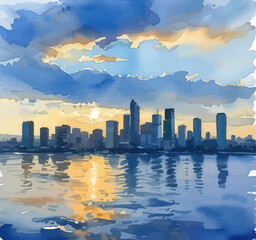 Fototapeta premium Cityscape at Sunset with Reflections on Water