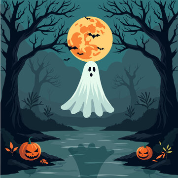  Vector illustration of a spooky ghost floating ominously on the river under a full moon
