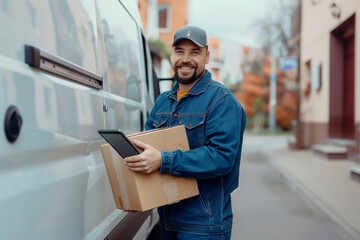 Smiling delivery man with packages and tablet