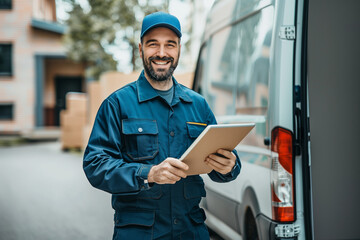 Smiling delivery man with packages and tablet