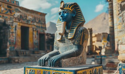 Blue Pharaoh Statue with Golden Headress in Ancient Egyptian Setting