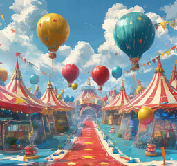 Fantastical Circus Carnival with Floating Balloons and Tents