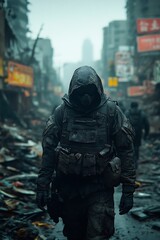 Fototapeta premium A lone soldier in a gas mask walks through a destroyed city.