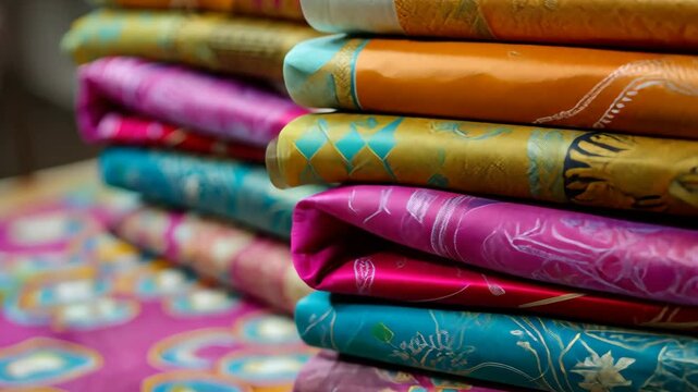 Explore vibrant silk fabrics displayed in a colorful stack at a market in India showcasing intricate patterns and textures