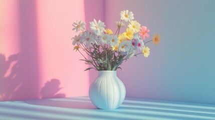Obraz premium A white vase filled with white and yellow flowers sits on a table against a backdrop of a pastel pink and blue wall. The soft light creates a gentle and calming ambiance, evoking feelings of serenity 