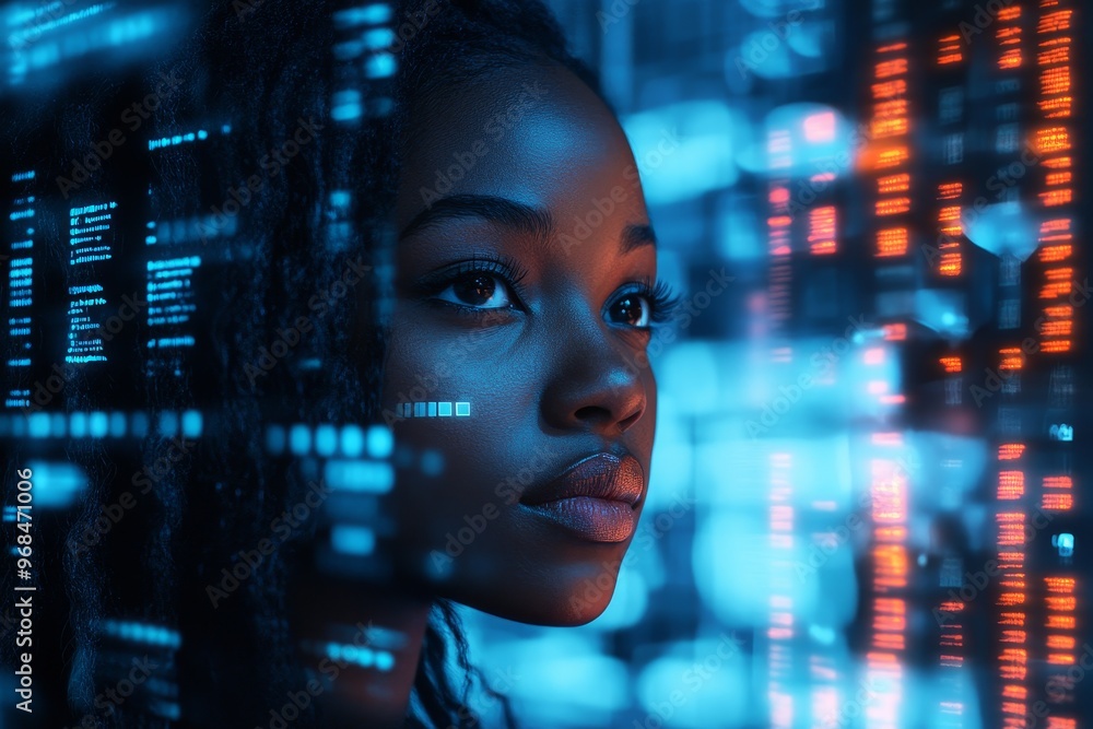 Poster a young woman, focused and determined, looks at a screen displaying lines of code. the blue and oran