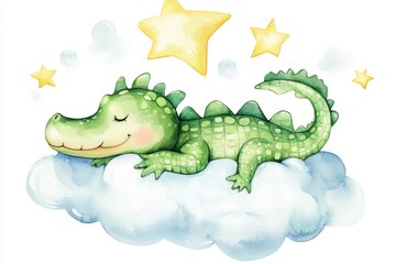 Obraz premium Adorable watercolor illustration of a green crocodile with closed eyes sleeping peacefully on a fluffy cloud, surrounded by twinkling stars. This charming image embodies innocence, dreams, and sweet s
