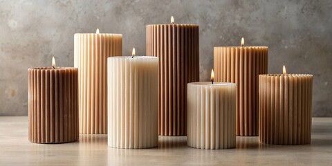 Obraz premium Trendy ribbed handmade candles in beige and brown wax for stylish contemporary home decor, handmade, candles, trendy, ribbed