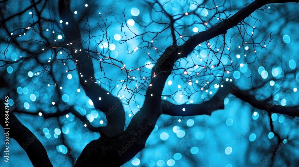 Poster silhouetted tree with bokeh lights