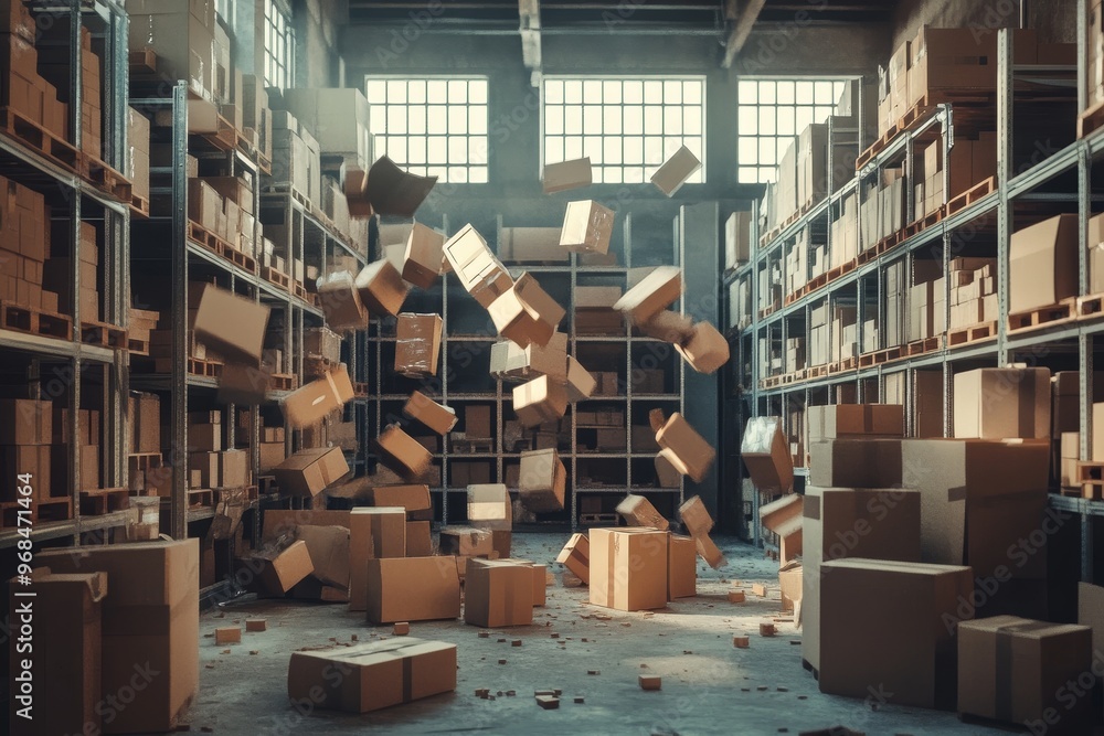 Poster an empty warehouse with shelves stacked with cardboard boxes. many boxes have fallen from the shelve