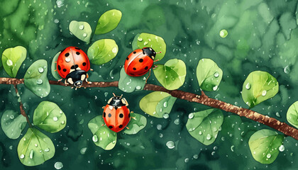 Ladybugs on a branch with droplets