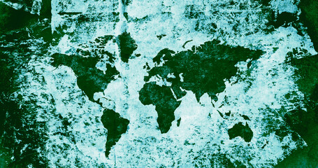 World map on old vintage rough faded green paper. Continents and countries layered with paint and ink like the color of money.