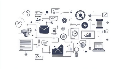 Fototapeta premium This illustration depicts a business model, showcasing interconnected concepts like communication, technology, growth, and customer satisfaction. It symbolizes a comprehensive approach to achieving bu
