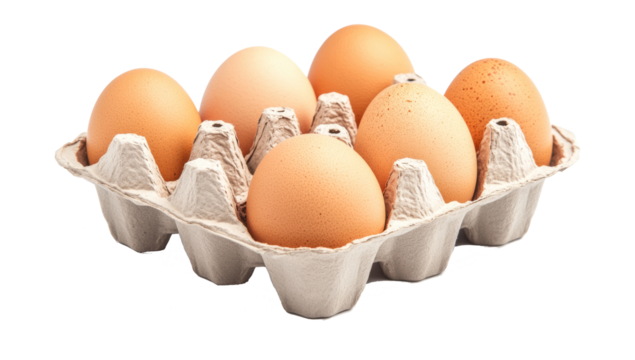 An open egg box containing ten brown eggs is isolated on a white background