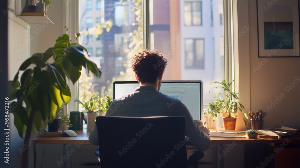 Poster man working at a desk by window