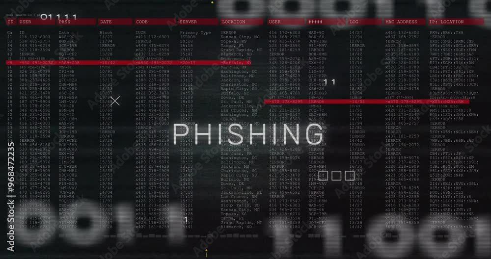 Poster animation of phishing text and digital data processing over black background