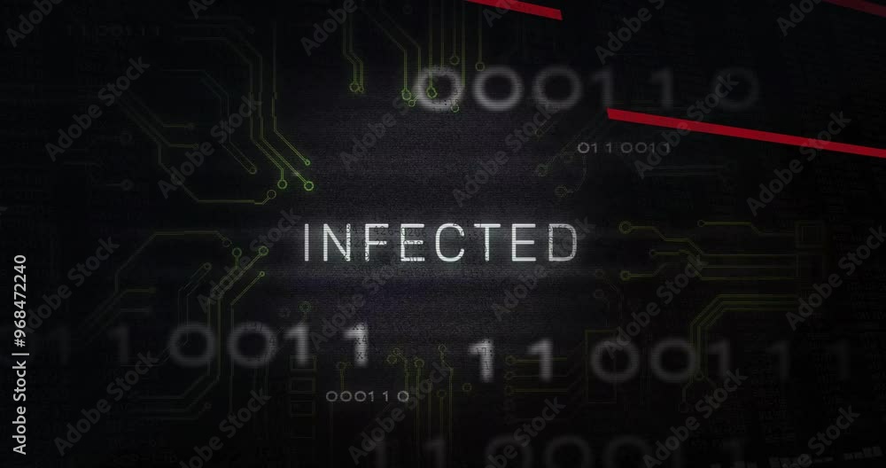 Poster animation of infected text and digital data processing over black background