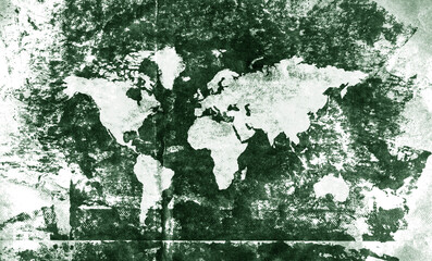 World map on old vintage rough faded green paper. Continents and countries layered with paint and ink like the color of money.