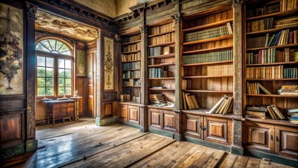 Old abandoned mansion bookcase with antique books , vintage, retro, library, literature, dusty, vintage, historic, forgotten