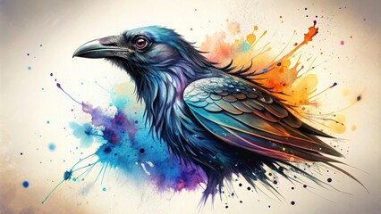 Obraz premium Abstract drawing of a raven with splashes and bold lines, raven, abstract, drawing, bird, animal, art, design, black, color