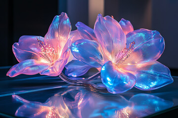 Futuristic artificial flowers in a minimalist arrangement on a glass table, glowing petals with metallic textures, soft light illuminating a modern and hightech aesthetic