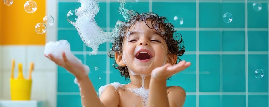 A joyful child plays with bubbles in a bathroom, spreading happiness and fun during bath time with colorful tiles in the background.