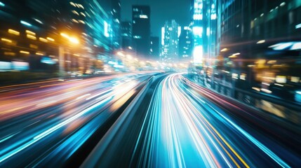 Naklejka premium City Lights and Speed, a Nighttime View of a City Road with Blurry Lights
