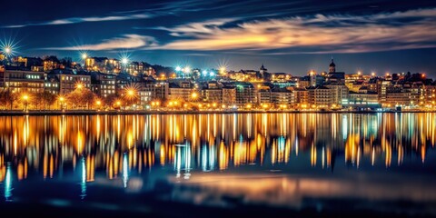 Fototapeta premium City lights shine bright in the dark night, reflecting on the quiet streets below , urban, nightlife, cityscape