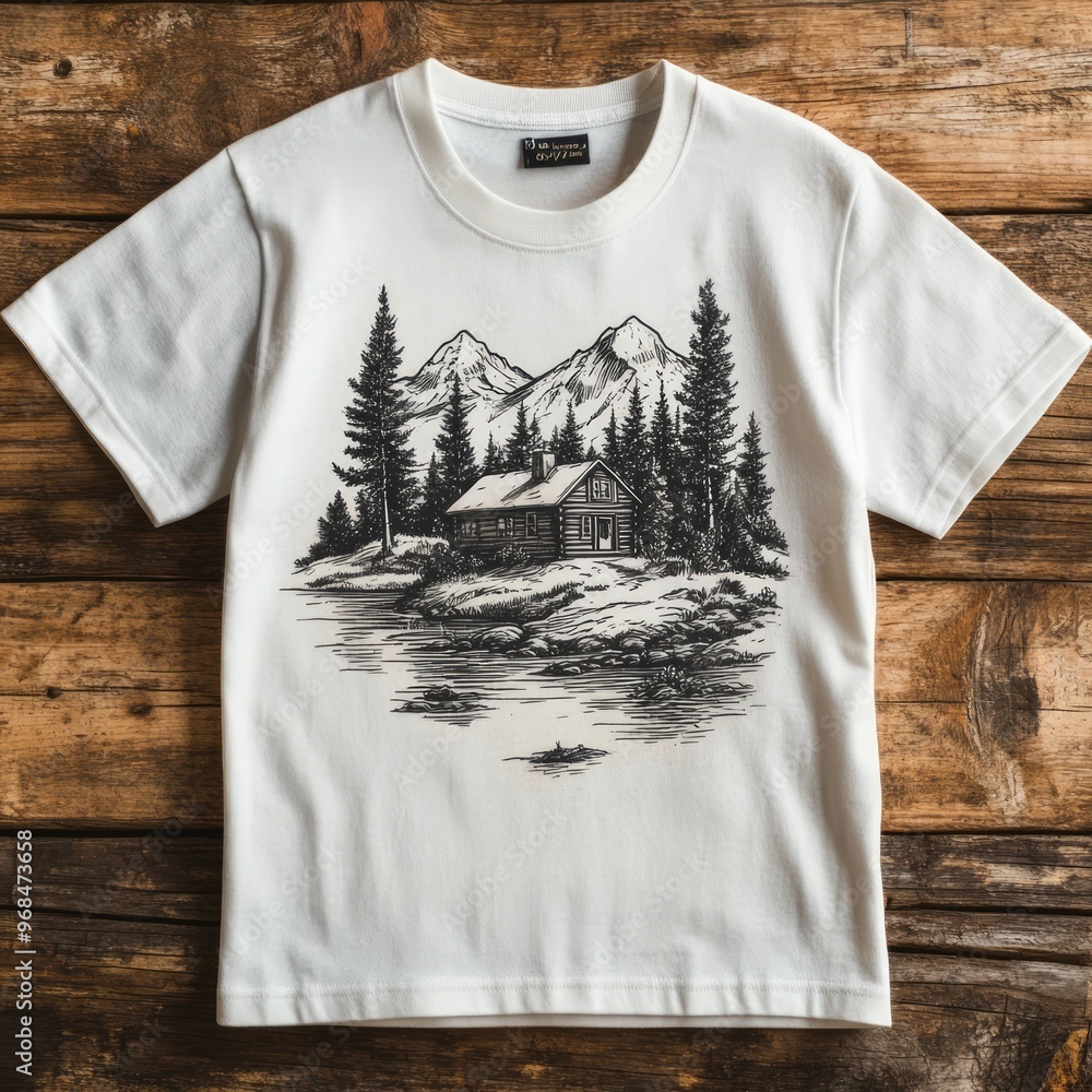 Wall mural A white t-shirt featuring a scenic illustration of a cabin by a river and mountains.