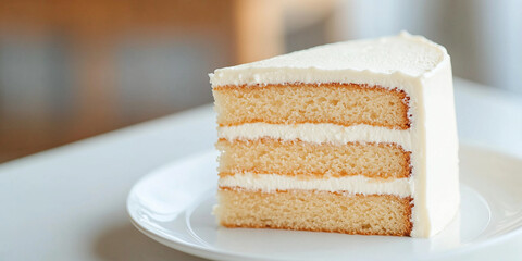 Delicious Vanilla cake with white icing sitting on a ceramic plate on a table with sunlight lit bokeh background