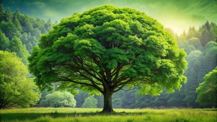 Fototapeta premium Tall, lush green tree in a forest setting, nature, vegetation, foliage, forest, outdoor, environment, landscape, growth