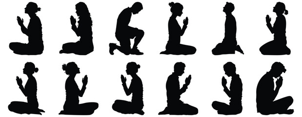 Prayer silhouettes set, faith pack of vector silhouette design, isolated background
