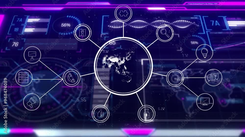 Poster animation of dna, globe with network of icons and digital data processing over blue background