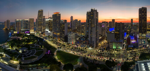 Aerial view of downtown office district of of Miami Brickell in Florida, USA at night. High...