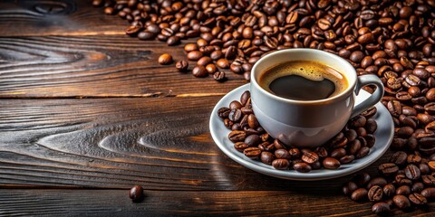 Naklejka premium A cup of freshly brewed coffee with roasted coffee beans, coffee, cup, beans, morning, beverage, aroma, caffeine, close-up, aromatic