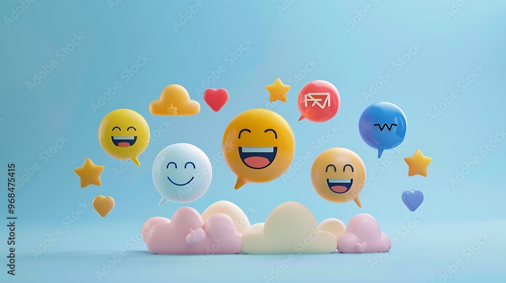 Poster 3d illustration of emojis in a social media setting. the emojis are floating in a blue background, a