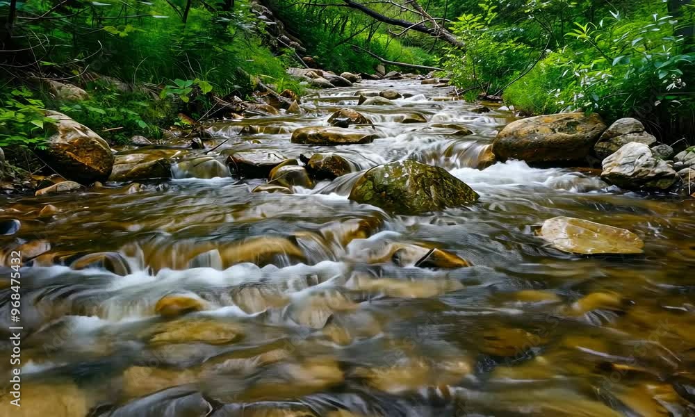 Poster flowing stream with rocks surrounded by greenery in forest