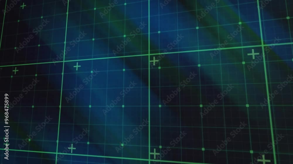 Poster animation of digital data processing over grid on dark background