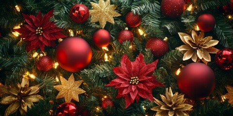 Merry Christmas and Happy New Year bright colorful composition. Xmas background with festive decorative elements. Festive banner and web poster, greeting card, flyer and brochure