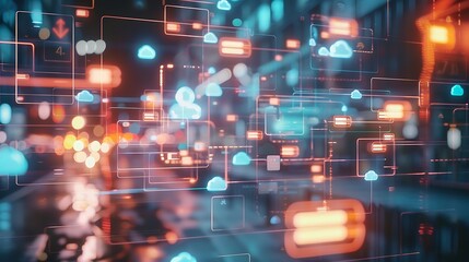 Abstract digital network concept with data flow represented by lines and icons. The background is a blurred urban cityscape with neon lights.