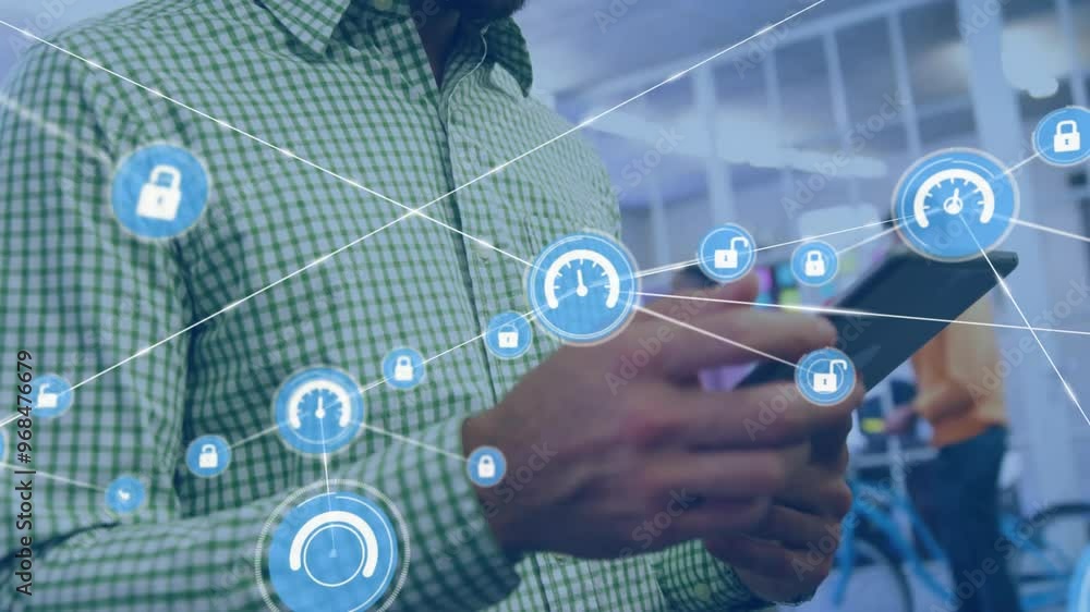 Aufkleber animation of network of connections with icons over biracial man using tablet