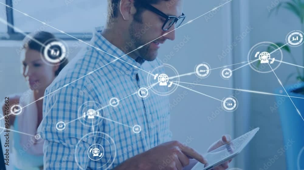 Poster animation of network of connections with icons over caucasian man using tablet